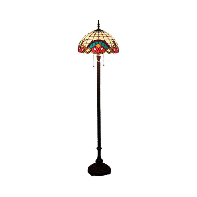 2 Bulbs Standing Light Baroque Dome Shaped Hand Cut Glass Reading Floor Lamp in Black with Pull Chain Clearhalo 'Floor Lamps' 'Lamps' Lighting' 1711576
