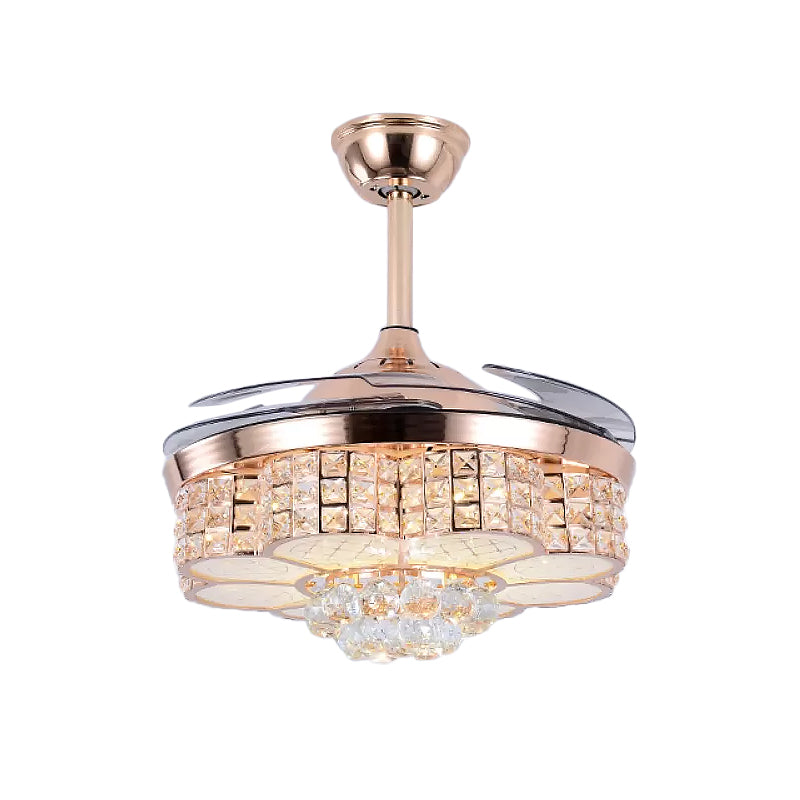 19" W LED Parlor Semi Flush Mount Simple Rose Gold 4-Blade Hanging fan Light with Floral Crystal Block Shade Clearhalo 'Ceiling Fans with Lights' 'Ceiling Fans' 'Modern Ceiling Fans' 'Modern' Lighting' 1711671