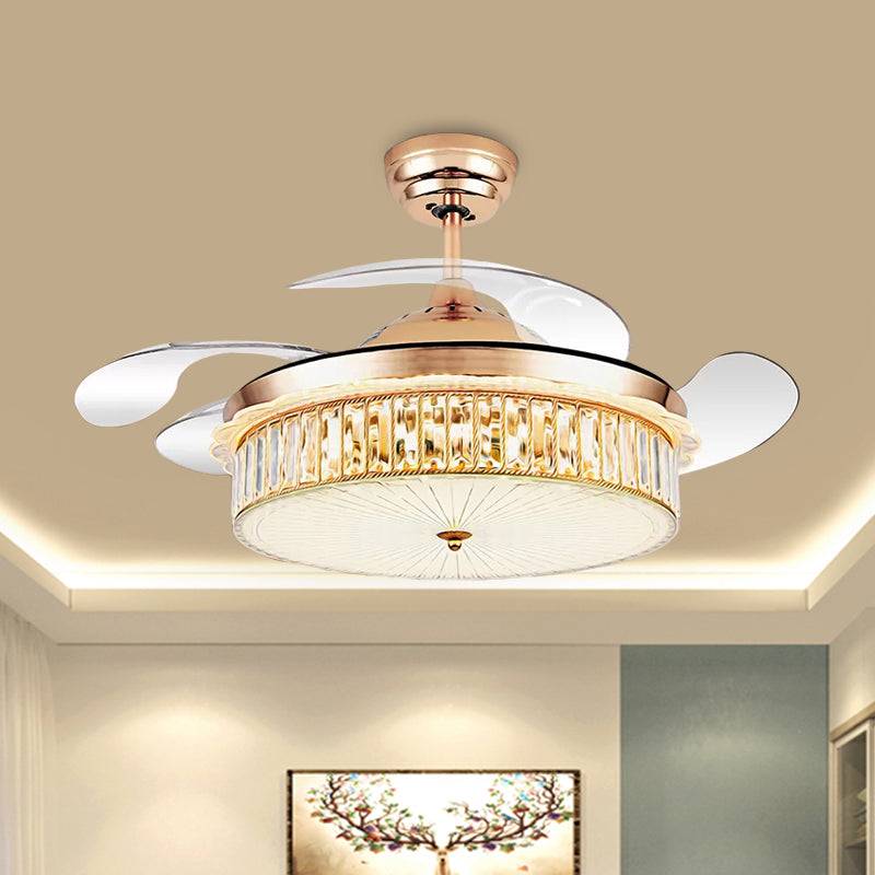 Drum Pendant Fan Lamp Fixture Minimalist Crystal Rectangle Silver/Gold 19" Width LED Semi Flush with 4-Blade Gold Clearhalo 'Ceiling Fans with Lights' 'Ceiling Fans' 'Modern Ceiling Fans' 'Modern' Lighting' 1711673