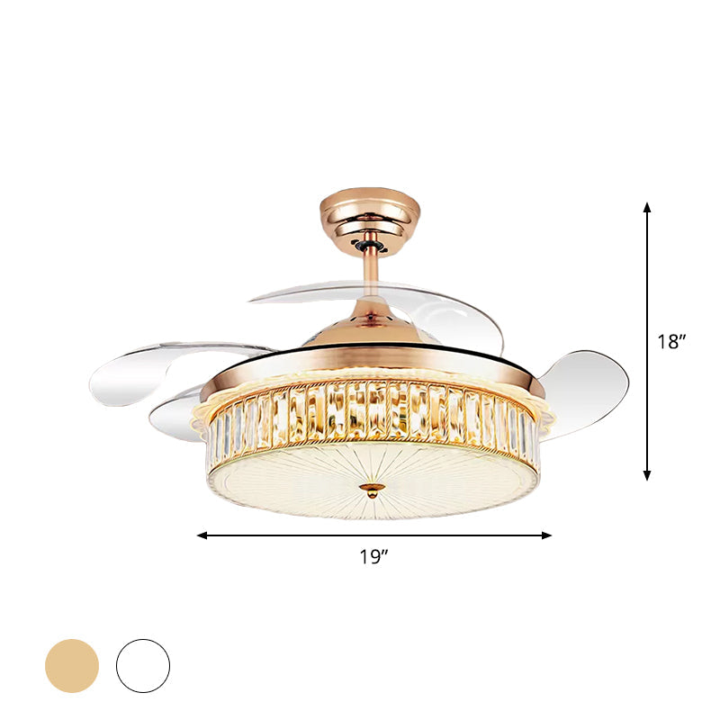 Drum Pendant Fan Lamp Fixture Minimalist Crystal Rectangle Silver/Gold 19