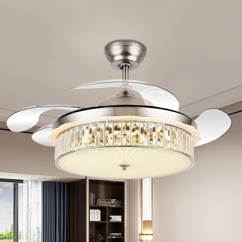 Drum Pendant Fan Lamp Fixture Minimalist Crystal Rectangle Silver/Gold 19