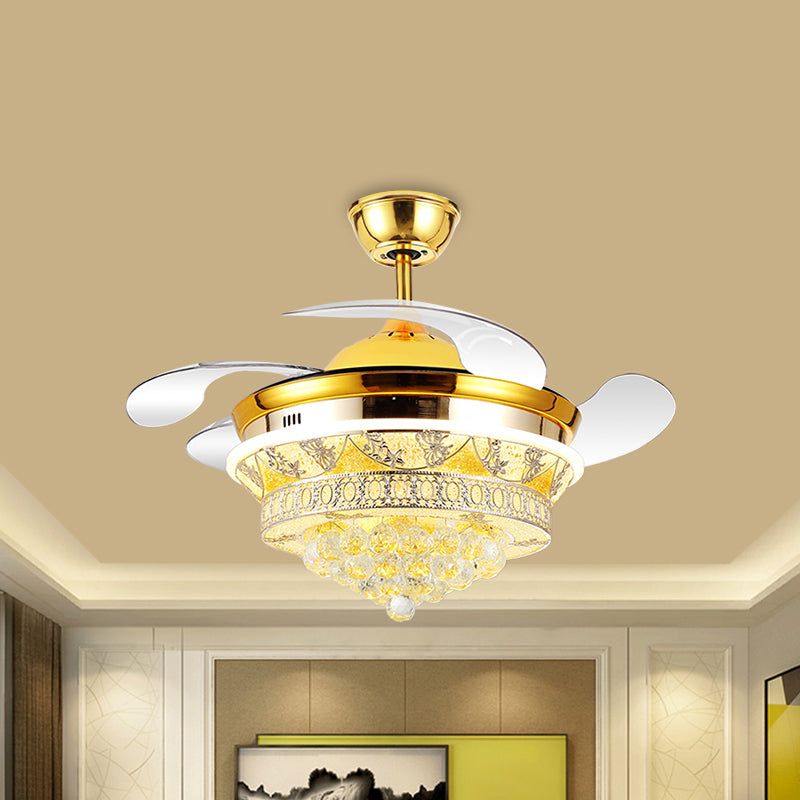 4 Blades Modern Cone Semi Flush Light Crystal Ball LED Bedroom Ceiling Fan Lamp with Floral Design in Gold, 19