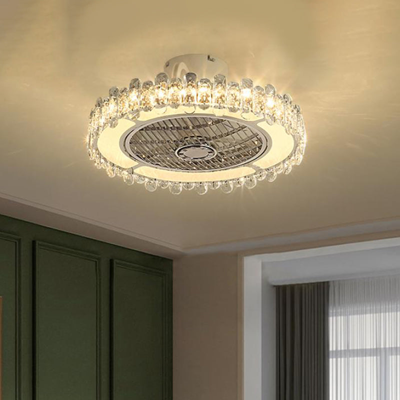 19.5" W Clear Crystal Round Semi Flush Simplicity LED Hanging Fan Lamp Fixture in Silver Clearhalo 'Ceiling Fans with Lights' 'Ceiling Fans' 'Modern Ceiling Fans' 'Modern' Lighting' 1711686