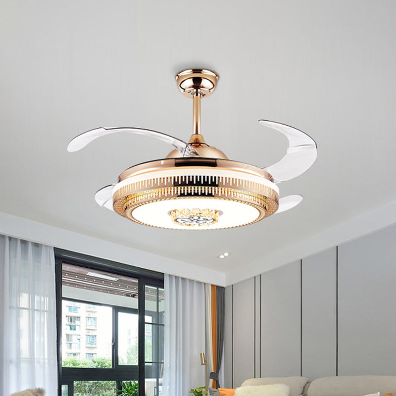 Gold LED Round Semi Mount Lighting Modernist Metallic 4-Blade Pendant Fan Light Fixture, 19