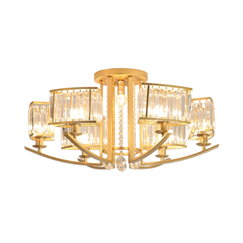 Modern Cuboid Semi Flush Chandelier Clear Crystal 7 Heads Parlor Ceiling Mounted Light with Droplet in Gold Clearhalo 'Ceiling Lights' 'Close To Ceiling Lights' 'Close to ceiling' 'Semi-flushmount' Lighting' 1711851