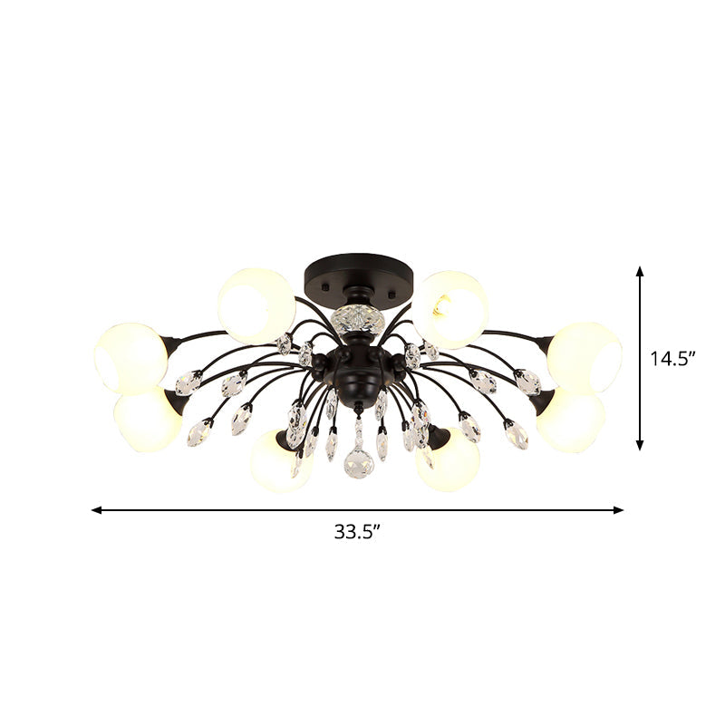 Opal Glass Sputnik Globe Semi Flush Modernism 8-Bulb Ceiling Mounted Fixture with Crystal Deco in Black Clearhalo 'Ceiling Lights' 'Close To Ceiling Lights' 'Close to ceiling' 'Semi-flushmount' Lighting' 1711912
