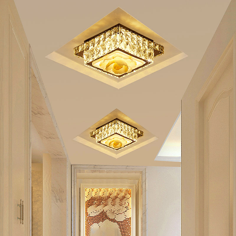 Crystal Block Round/Square Flush Mount Simple LED Chrome Close to Ceiling Lighting for Corridor Clearhalo 'Ceiling Lights' 'Close To Ceiling Lights' 'Close to ceiling' 'Flush mount' Lighting' 1712067