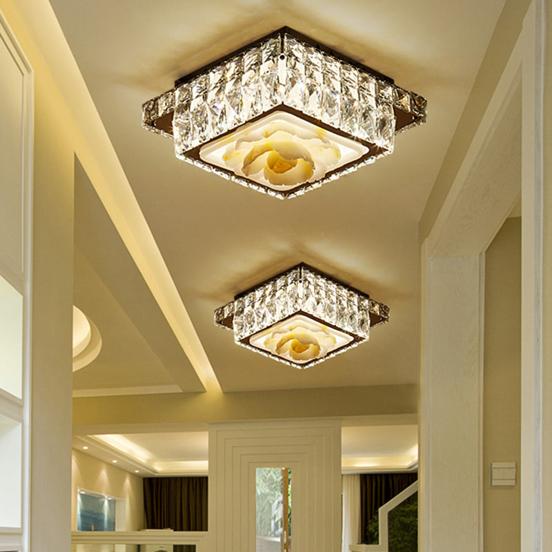 Crystal Block Round/Square Flush Mount Simple LED Chrome Close to Ceiling Lighting for Corridor Clearhalo 'Ceiling Lights' 'Close To Ceiling Lights' 'Close to ceiling' 'Flush mount' Lighting' 1712068