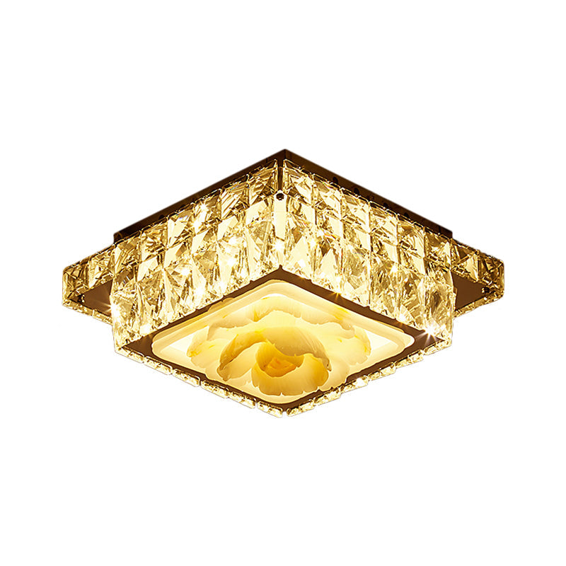 Crystal Block Round/Square Flush Mount Simple LED Chrome Close to Ceiling Lighting for Corridor Chrome Square Clearhalo 'Ceiling Lights' 'Close To Ceiling Lights' 'Close to ceiling' 'Flush mount' Lighting' 1712069