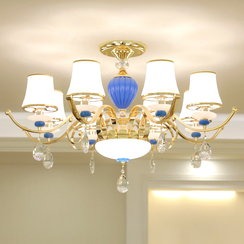 Rural Bell Semi Flush Mount Chandelier Opal Glass 3/6/8 Heads Living Room Ceiling Lamp with Crystal Drops in Gold 8 Gold Clearhalo 'Ceiling Lights' 'Close To Ceiling Lights' 'Close to ceiling' 'Glass shade' 'Glass' 'Semi-flushmount' Lighting' 1712387