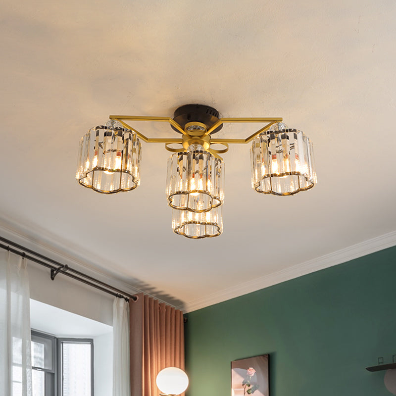 Floral Cylinder Guest Room Semi Flush Clear Crystal 4/6/7-Light Minimalism Ceiling Mounted Fixture in Gold 4 Gold Clearhalo 'Ceiling Lights' 'Close To Ceiling Lights' 'Close to ceiling' 'Semi-flushmount' Lighting' 1712392