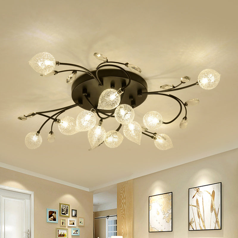 Sputnik Semi Flush Light Rustic Clear Glass 8/12-Head Bedroom Ceiling Flush Mount with Crystal Deco in Black/Gold 12 Black Clearhalo 'Ceiling Lights' 'Close To Ceiling Lights' 'Close to ceiling' 'Glass shade' 'Glass' 'Pendant Lights' 'Semi-flushmount' Lighting' 1712527