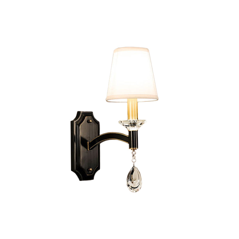 Cut Crystal Teardrop Wall Mount Light Vintage 1/2-Bulb Brown Wall Lamp Fixture with Conic Fabric Shade Clearhalo 'Cast Iron' 'Glass' 'Industrial' 'Modern wall lights' 'Modern' 'Tiffany' 'Traditional wall lights' 'Wall Lamps & Sconces' 'Wall Lights' Lighting' 1712841