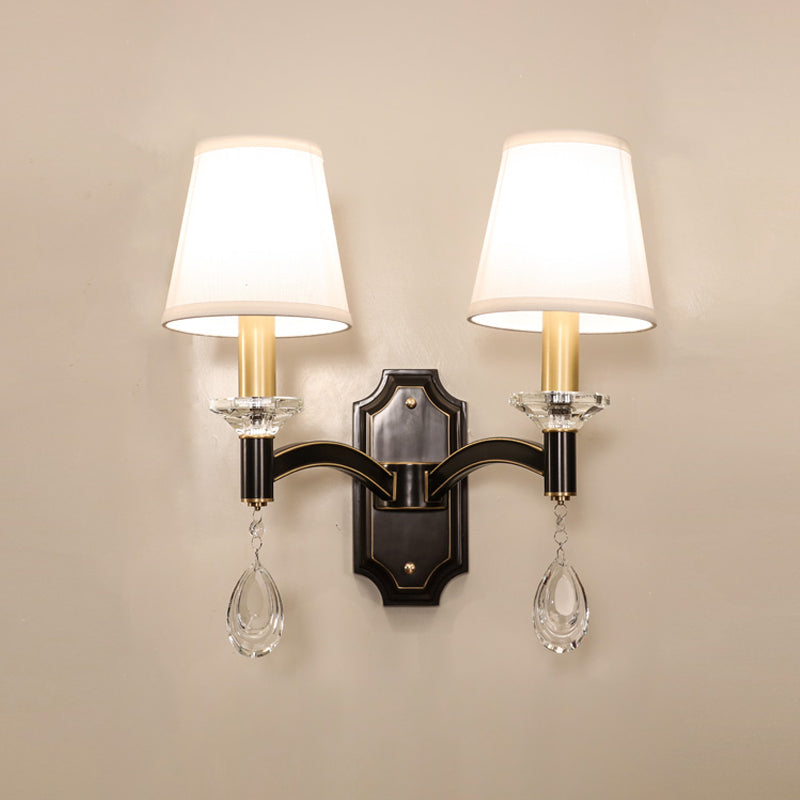 Cut Crystal Teardrop Wall Mount Light Vintage 1/2-Bulb Brown Wall Lamp Fixture with Conic Fabric Shade Clearhalo 'Cast Iron' 'Glass' 'Industrial' 'Modern wall lights' 'Modern' 'Tiffany' 'Traditional wall lights' 'Wall Lamps & Sconces' 'Wall Lights' Lighting' 1712846