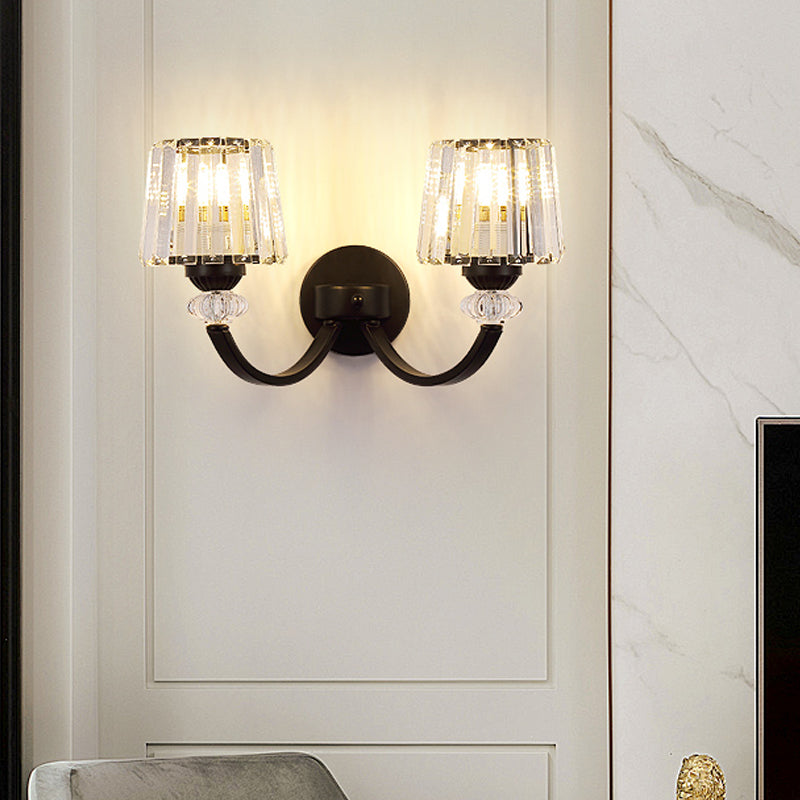 Clear Crystal Barrel Wall Lamp Modernist 1/2-Light Wall Mounted Lighting with Curved Arm in Black/Gold Clearhalo 'Modern wall lights' 'Modern' 'Wall Lamps & Sconces' 'Wall Lights' Lighting' 1713037