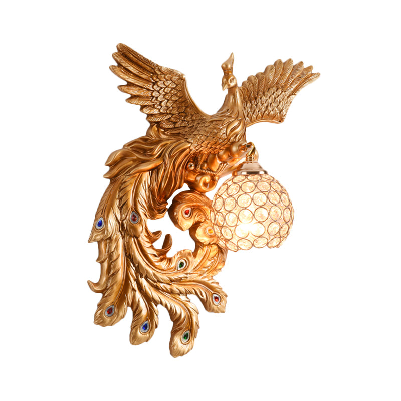 1 Bulb Flying Peacock Wall Mount Light Countryside White/Green/Gold Resin Wall Lighting Idea with Beveled K9 Crystal Shade, Left/Right Clearhalo 'Wall Lamps & Sconces' 'Wall Lights' Lighting' 1713098