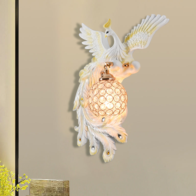 1 Bulb Flying Peacock Wall Mount Light Countryside White/Green/Gold Resin Wall Lighting Idea with Beveled K9 Crystal Shade, Left/Right White Left Clearhalo 'Wall Lamps & Sconces' 'Wall Lights' Lighting' 1713101