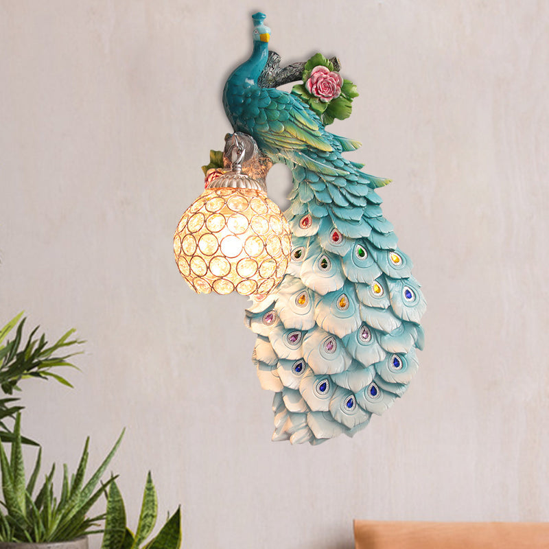 Clear Beveled Crystal Ball Sconce Rustic Single Bulb Hallway Wall Mounted Light with Peacock and Rose Decor in White/Blue/Green, Left/Right Clearhalo 'Wall Lamps & Sconces' 'Wall Lights' Lighting' 1713110