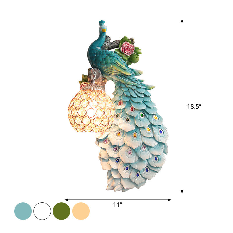 Clear Beveled Crystal Ball Sconce Rustic Single Bulb Hallway Wall Mounted Light with Peacock and Rose Decor in White/Blue/Green, Left/Right Clearhalo 'Wall Lamps & Sconces' 'Wall Lights' Lighting' 1713112