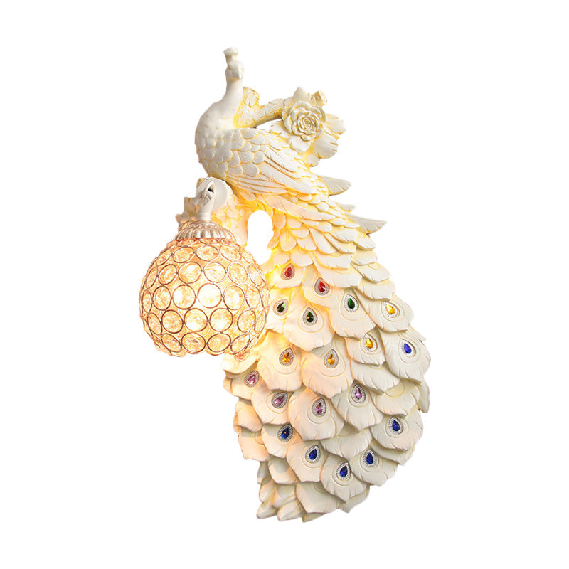 Clear Beveled Crystal Ball Sconce Rustic Single Bulb Hallway Wall Mounted Light with Peacock and Rose Decor in White/Blue/Green, Left/Right Clearhalo 'Wall Lamps & Sconces' 'Wall Lights' Lighting' 1713116