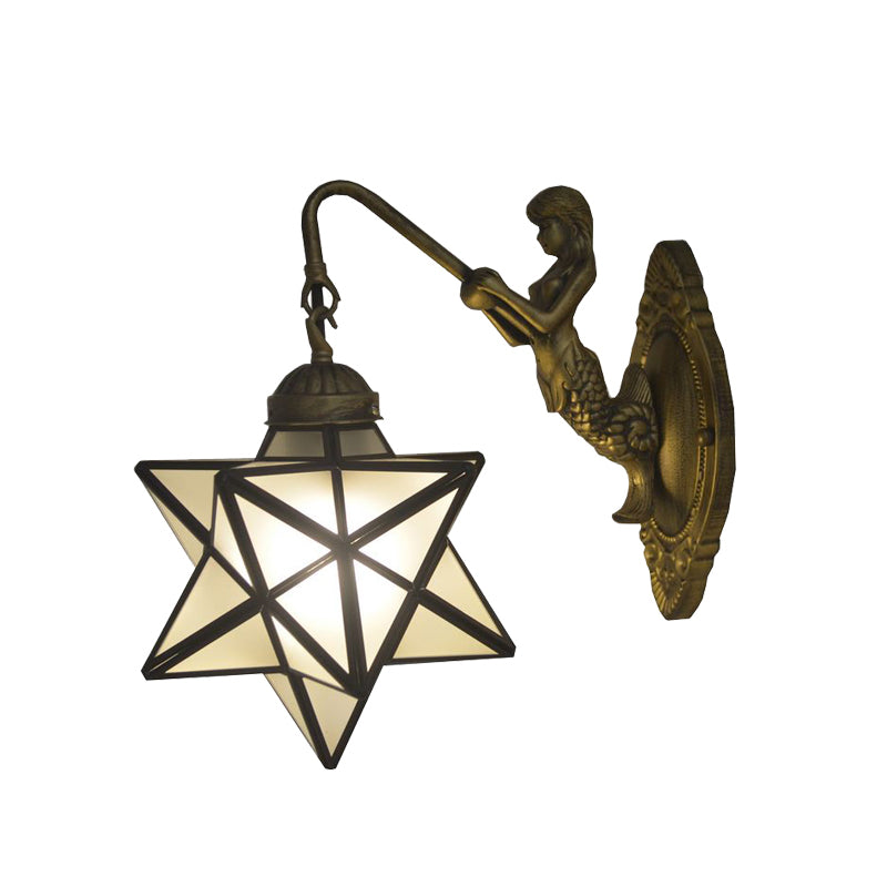 White Glass Star Sconce Lighting Tiffany 1 Head Antique Brass Wall Mount Light with Mermaid Backplate Clearhalo 'Industrial' 'Middle century wall lights' 'Tiffany wall lights' 'Tiffany' 'Wall Lamps & Sconces' 'Wall Lights' Lighting' 171312