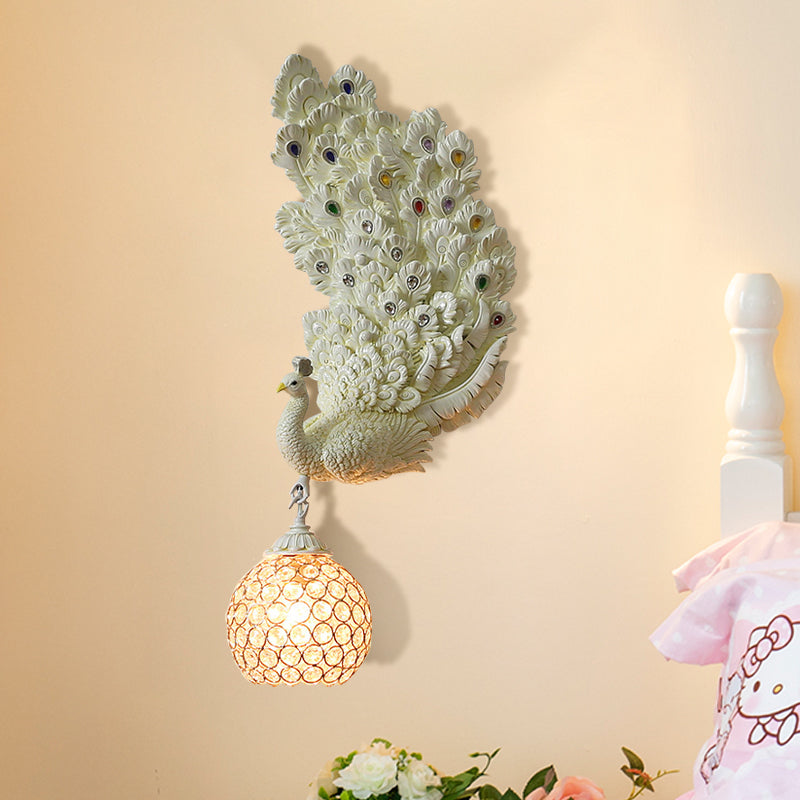 1 Head Wall Lighting Idea Retro Style Left/Right Peacock Resin Wall Sconce Light with Clear K9 Crystal Shade in White/Blue/Green Clearhalo 'Wall Lamps & Sconces' 'Wall Lights' Lighting' 1713164