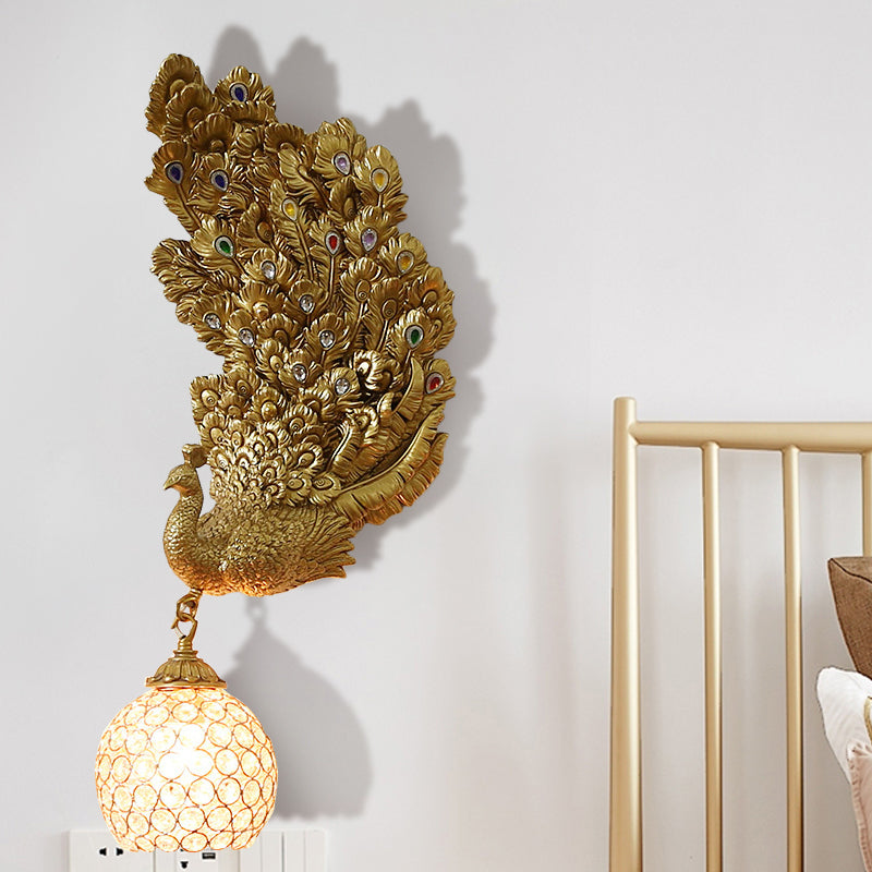 1 Head Wall Lighting Idea Retro Style Left/Right Peacock Resin Wall Sconce Light with Clear K9 Crystal Shade in White/Blue/Green Gold Right Clearhalo 'Wall Lamps & Sconces' 'Wall Lights' Lighting' 1713171