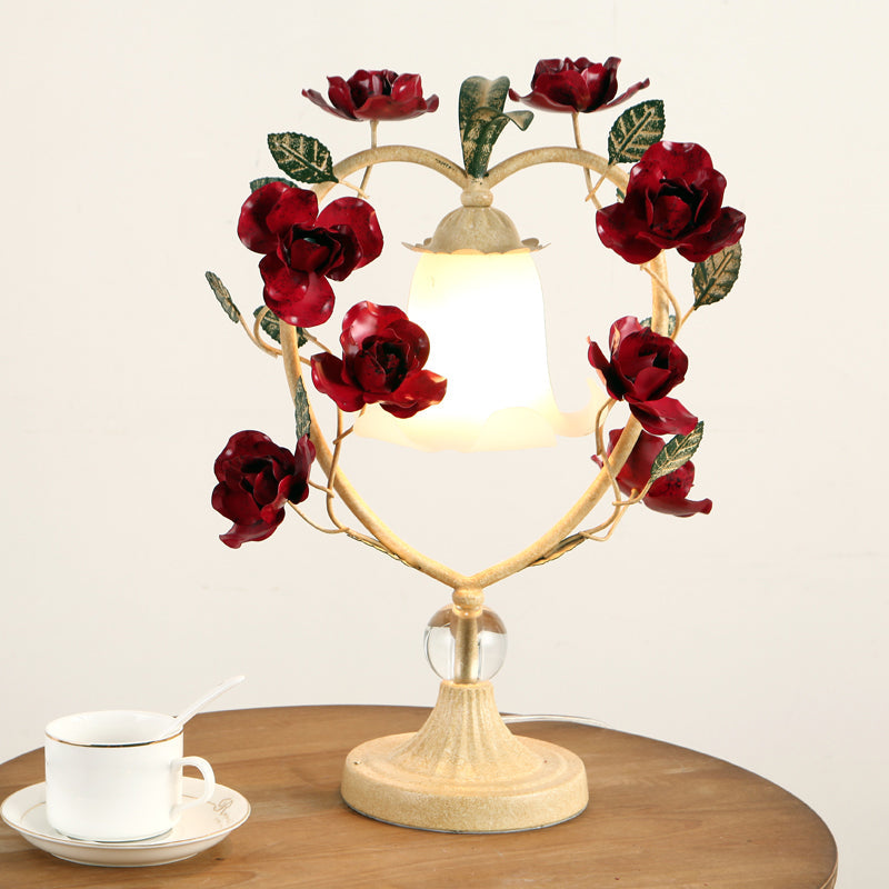 Beige/Blue Single Head Night Light Classic White Glass Bloom Reading Book Lamp with Heart Frame and Rose Design Beige Clearhalo 'Lamps' 'Table Lamps' Lighting' 1713236