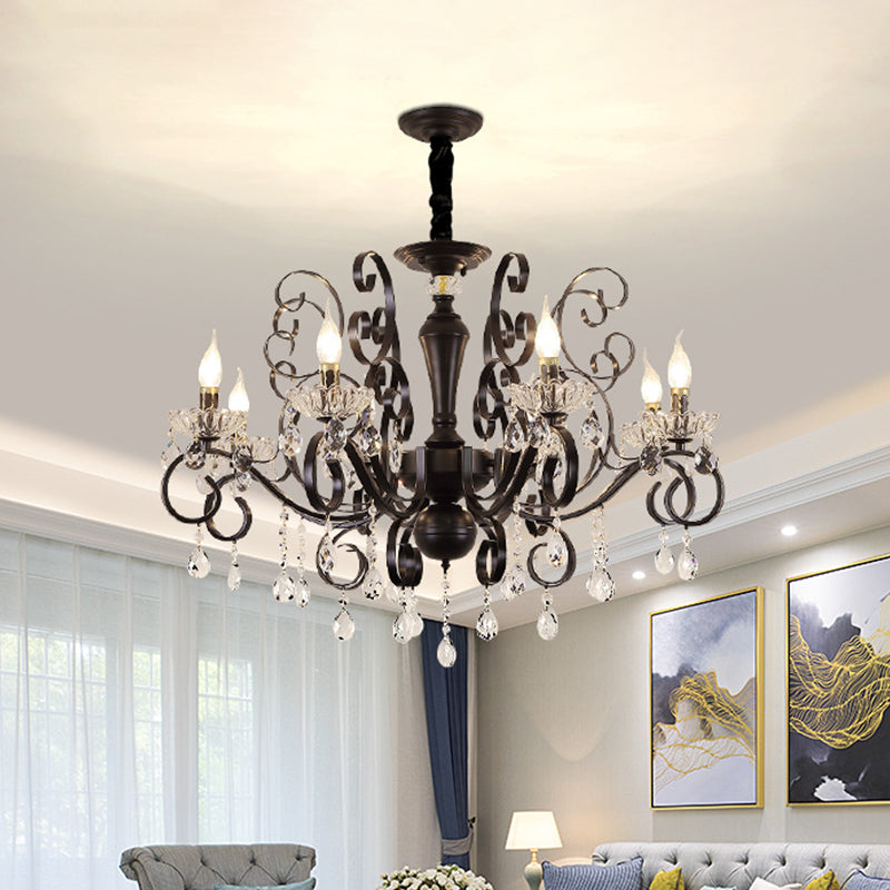 Metallic Candle Hanging Lamp Kit Minimalism 6/8 Bulbs Black Chandelier with Crystal Strands and Curvy Arm 8 Black Clearhalo 'Ceiling Lights' 'Chandeliers' 'Modern Chandeliers' 'Modern' Lighting' 1713397