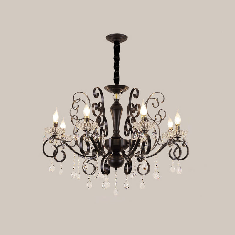 Metallic Candle Hanging Lamp Kit Minimalism 6/8 Bulbs Black Chandelier with Crystal Strands and Curvy Arm Clearhalo 'Ceiling Lights' 'Chandeliers' 'Modern Chandeliers' 'Modern' Lighting' 1713400