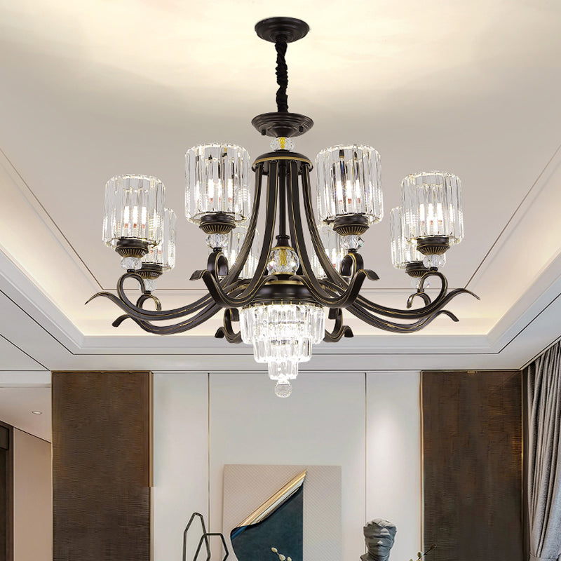 Crystal Block Cylinder Chandelier Minimalist 6/8-Bulb Ceiling Pendant Light with Curvy Arm in Black 8 Black Clearhalo 'Ceiling Lights' 'Chandeliers' 'Modern Chandeliers' 'Modern' Lighting' 1713424