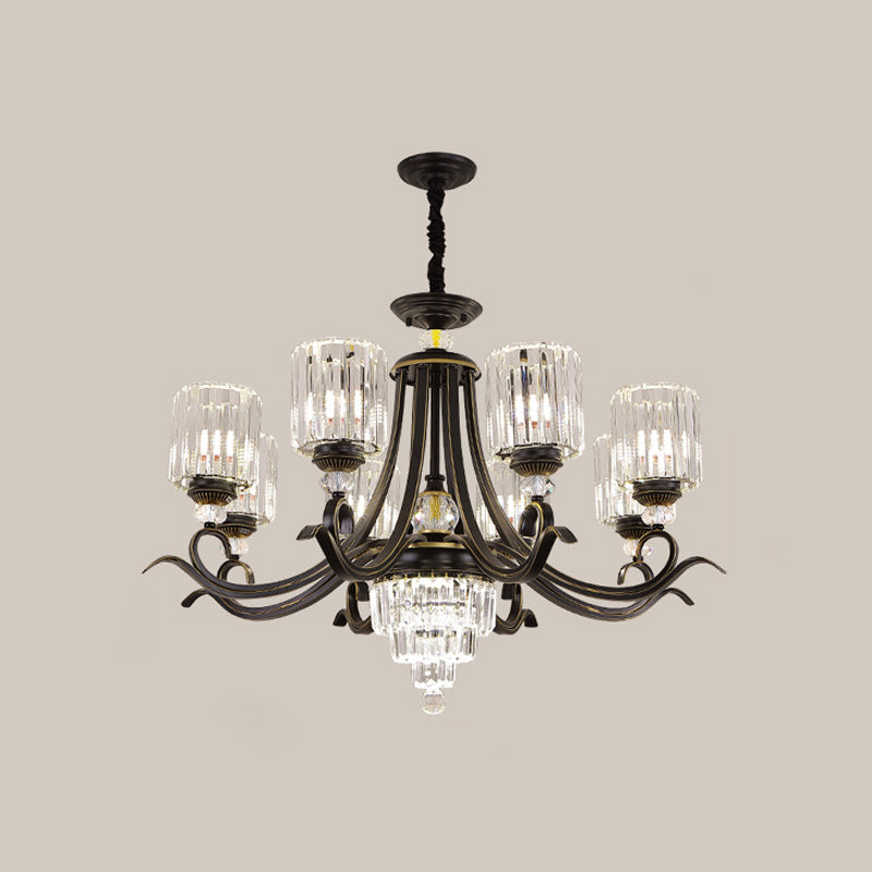 Crystal Block Cylinder Chandelier Minimalist 6/8-Bulb Ceiling Pendant Light with Curvy Arm in Black Clearhalo 'Ceiling Lights' 'Chandeliers' 'Modern Chandeliers' 'Modern' Lighting' 1713427
