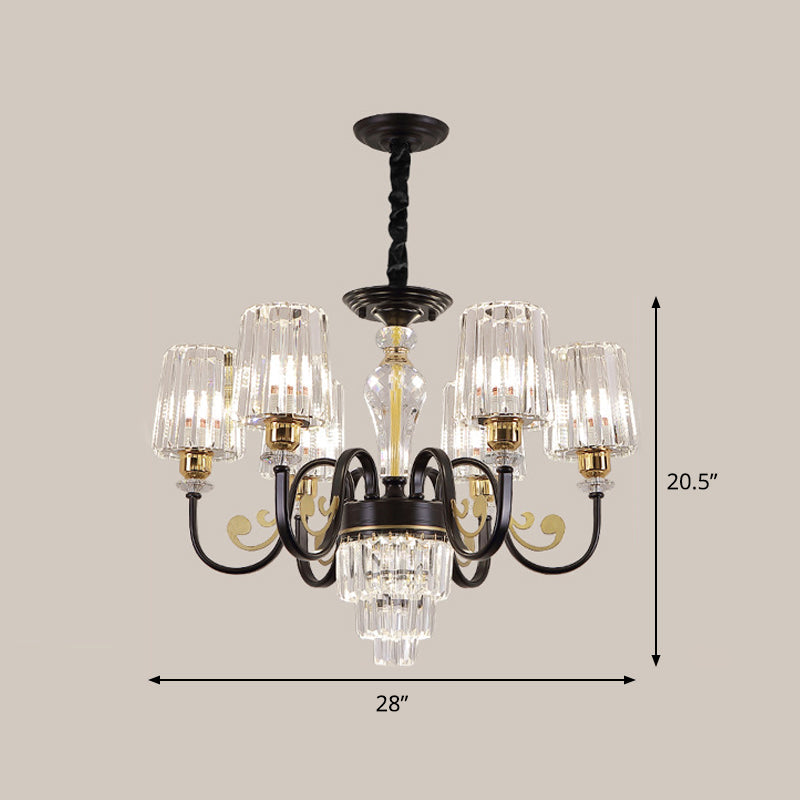 Black Tapered Ceiling Lamp Simplicity 6/8 Lights Prismatic Crystal Chandelier Lighting Fixture with Scroll Arm Clearhalo 'Ceiling Lights' 'Chandeliers' 'Modern Chandeliers' 'Modern' Lighting' 1713432
