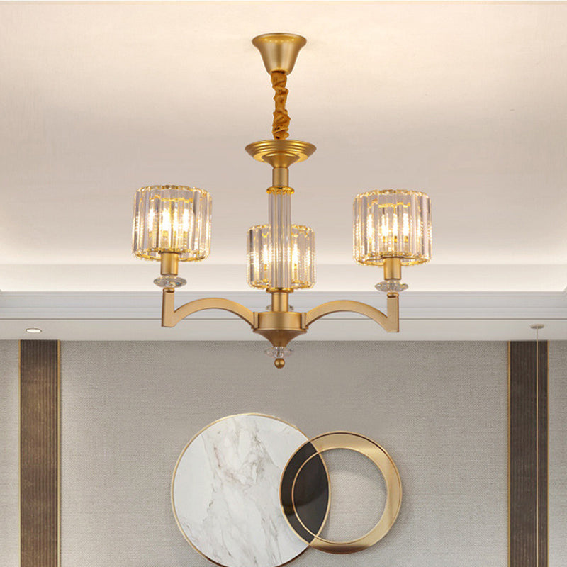 Drum Clear Crystal Ceiling Chandelier Modern 3/8 Heads Gold Suspended Lighting Fixture for Parlor 3 Gold Clearhalo 'Ceiling Lights' 'Chandeliers' 'Modern Chandeliers' 'Modern' Lighting' 1713438