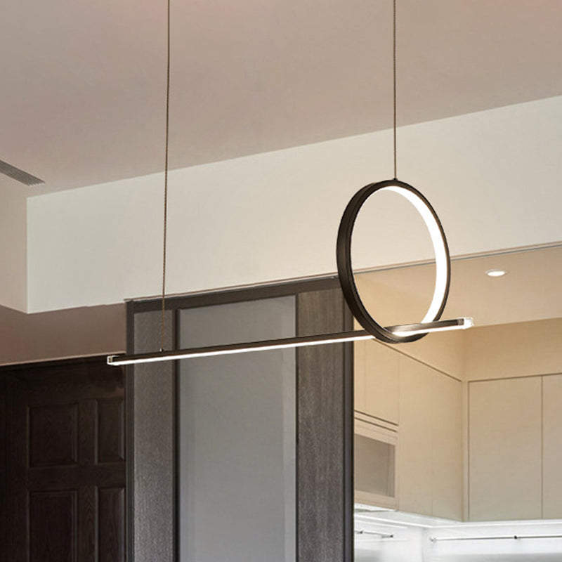 Modernist Linear and Ring Chandelier Lamp Iron Dining Room LED Island Pendant Light in Black Black Clearhalo 'Ceiling Lights' 'Island Lights' Lighting' 1713672