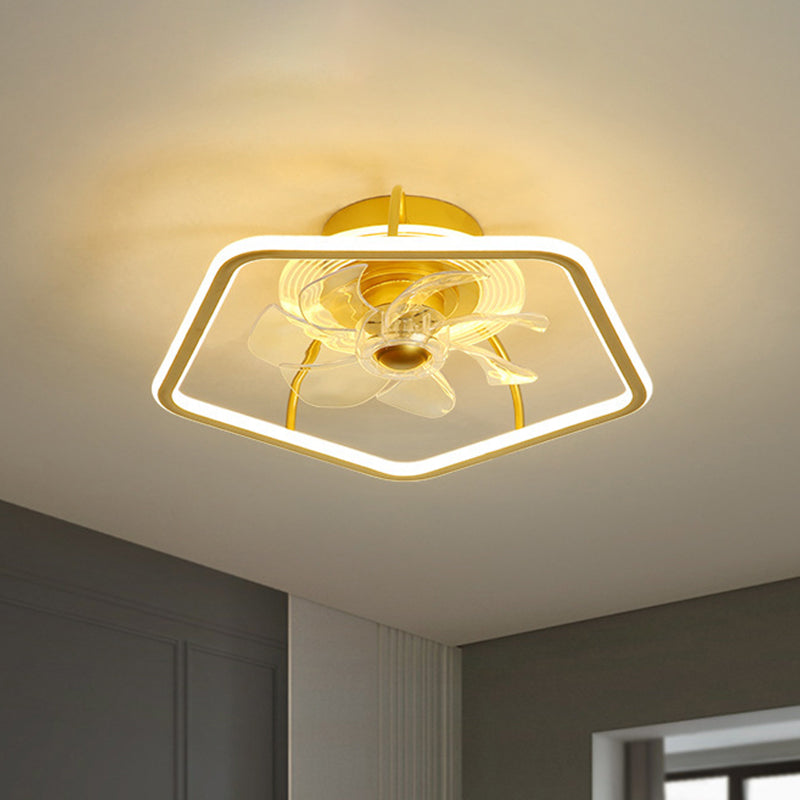 Pentagon Hanging Fan Light Contemporary Acrylic 19" W LED Bedroom Semi Flush Mount in Black/Gold, 7 Blades Clearhalo 'Ceiling Fans with Lights' 'Ceiling Fans' 'Modern Ceiling Fans' 'Modern' Lighting' 1713780