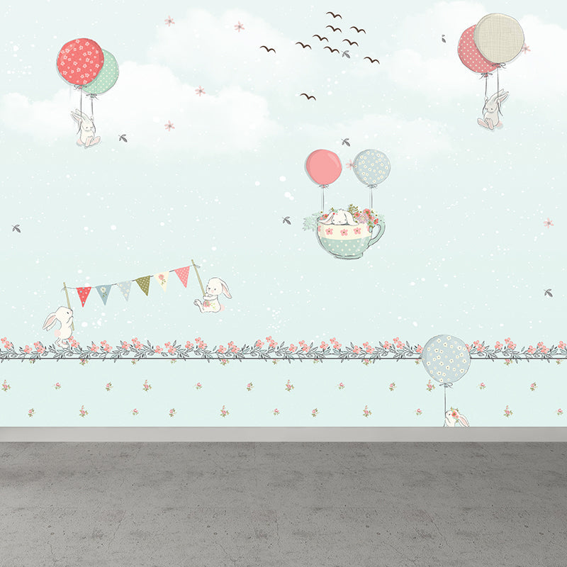 Non-Woven Large Pastel Mural Cartoon Rabbit and Hot Air Balloon Wall Decor, Custom Size Light Blue Clearhalo 'Wall Decor' 'Wall Mural' 1713804
