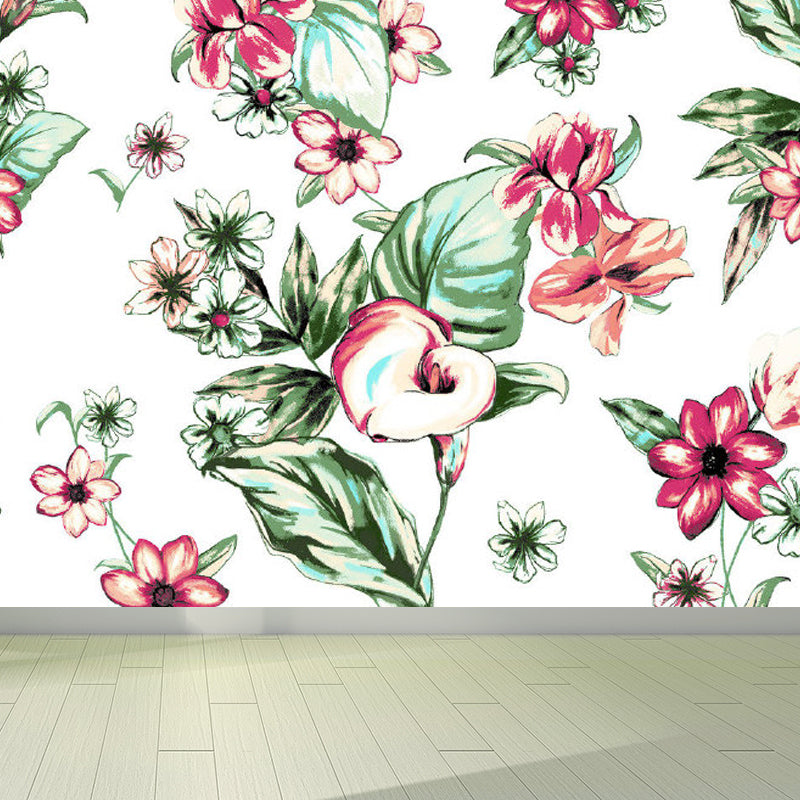 Soft Color Tropical Mural Wallpaper Big Botanical Leaves Wall Covering for Playroom Red Clearhalo 'Wall Decor' 'Wall Mural' 1714389