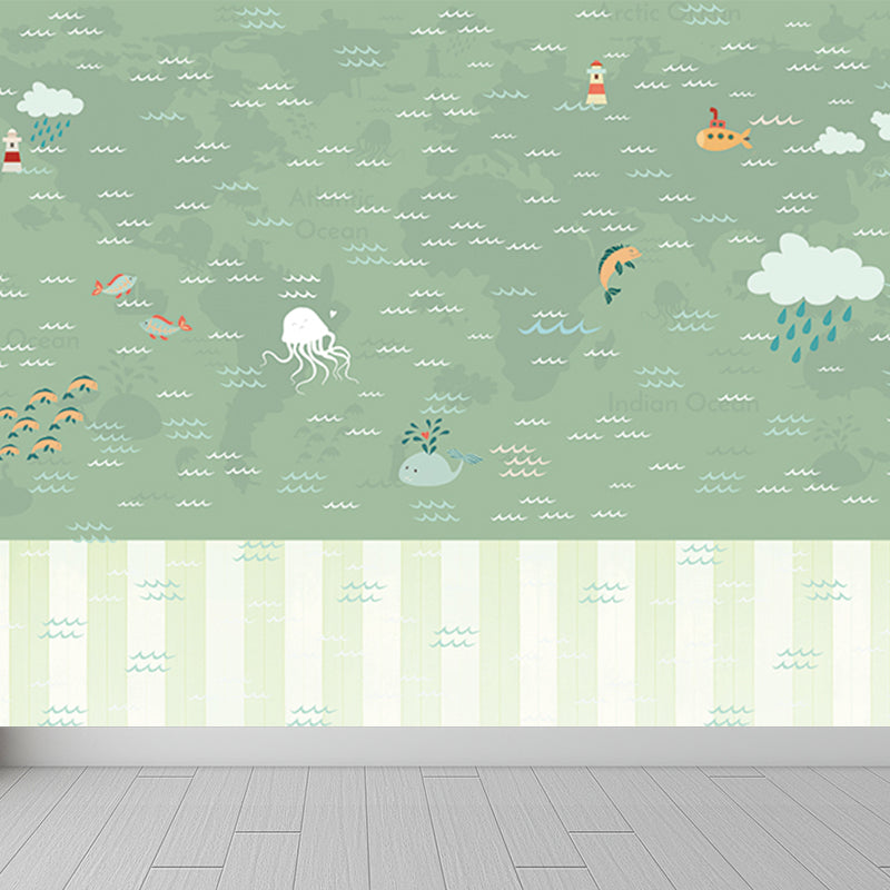 Large Nautical Mural Cartoon Imaginative Sea Life in the Sky Wall Covering in Soft Color Clearhalo 'Wall Decor' 'Wall Mural' 1714581
