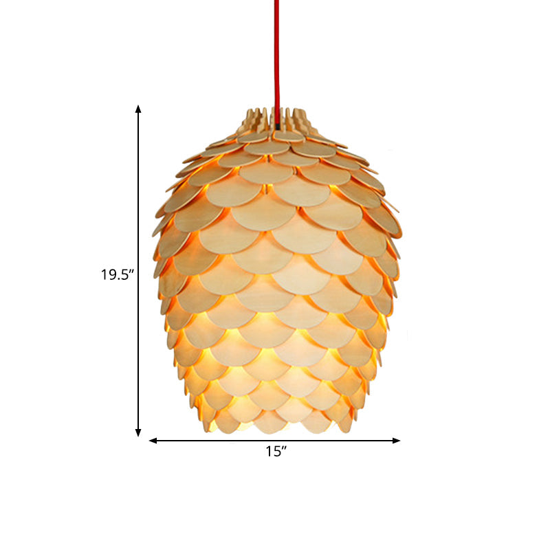 Wooden Pine Cone Hanging Light Fixture Countryside 12"/15" W 1 Light Beige Suspension Light for Dining Room Clearhalo 'Ceiling Lights' 'Modern Pendants' 'Modern' 'Pendant Lights' 'Pendants' Lighting' 171497