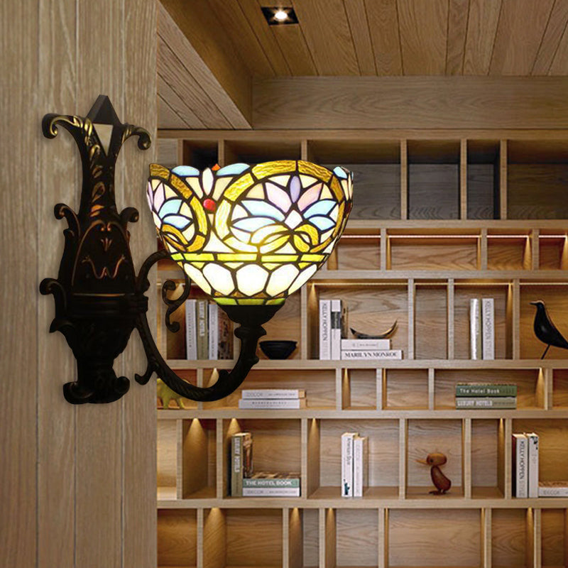 1 Light Domed Wall Sconce Victorian Stained Glass Up/Down Wall Lighting with Curved Arm in Brass Clearhalo 'Industrial' 'Middle century wall lights' 'Tiffany wall lights' 'Tiffany' 'Wall Lamps & Sconces' 'Wall Lights' Lighting' 171604