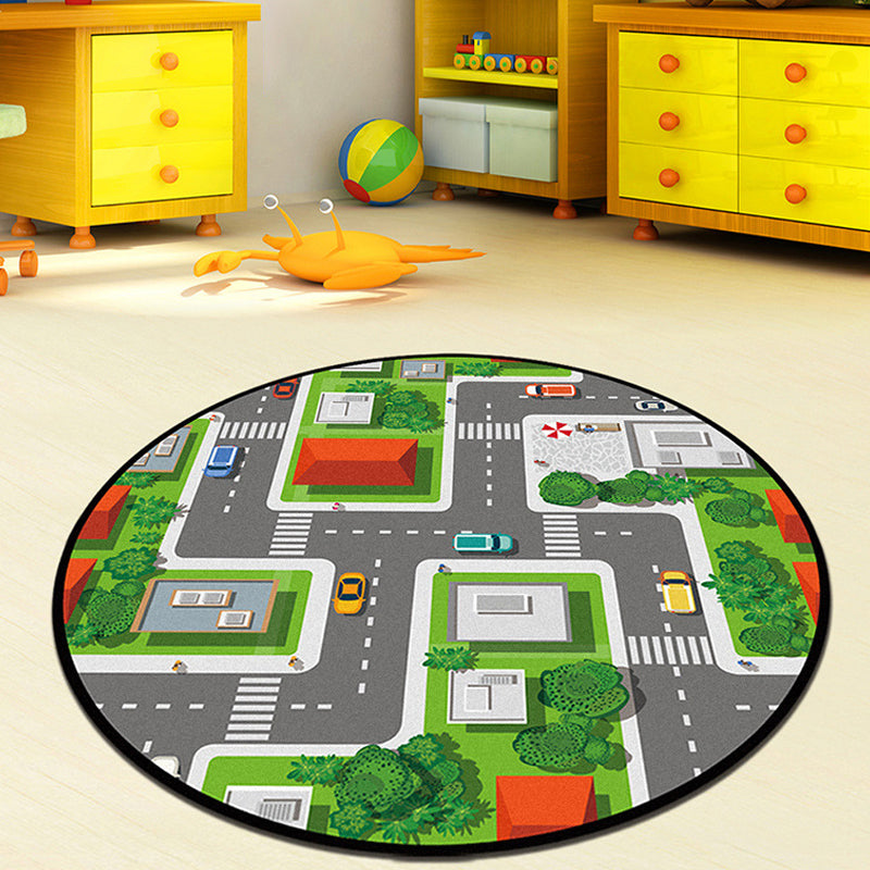Grey and Green Kids Rug Polyester Road Pattern Rug Pet Friendly Washable Anti-Slip Backing Carpet for Decoration Grey Clearhalo 'Area Rug' 'Rug' 1716082
