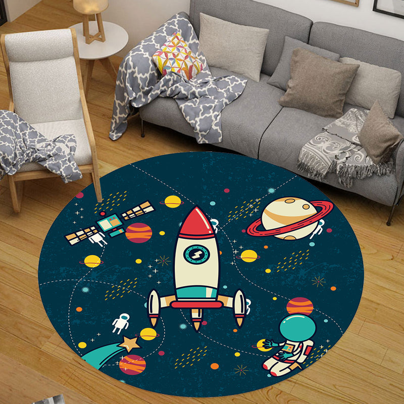 Kids Outer Space Pattern Rug Black and Blue Polyester Rug Washable Pet Friendly Non-Slip Area Rug for Child's Bedroom Navy Clearhalo 'Area Rug' 'Rug' 1716693