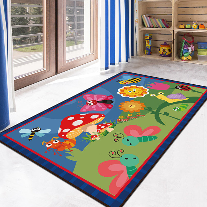 Green and Blue Kids Rug Polyester Animal and Insect Pattern Rug Pet Friendly Washable Anti-Slip Backing Carpet for Decoration Blue Clearhalo 'Area Rug' 'Rug' 1716733