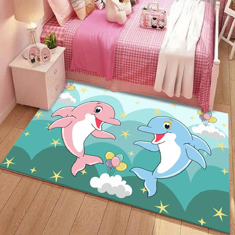 Kids Cartoon Dolphin Pattern Rug with Star Green and Blue Polyester Rug Washable Pet Friendly Non-Slip Area Rug for Child's Bedroom Green Clearhalo 'Area Rug' 'Rug' 1716965