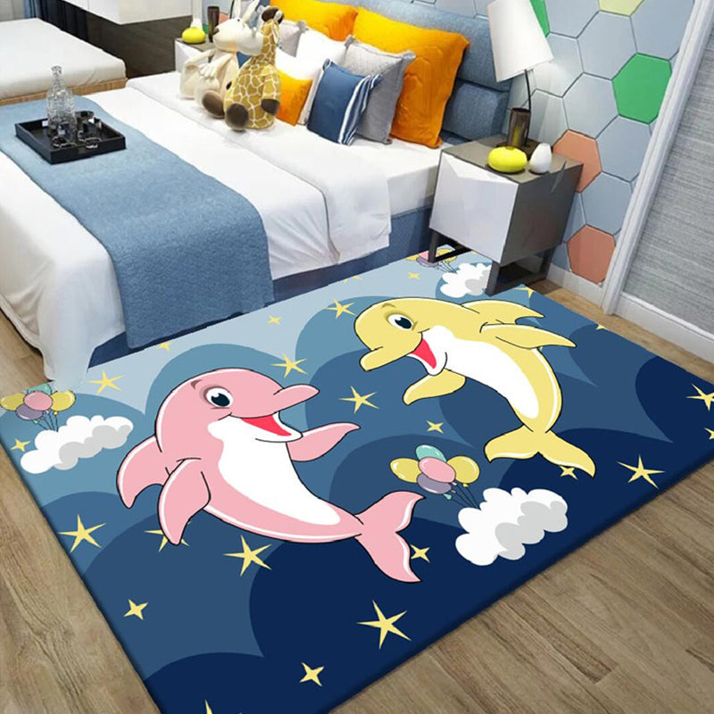 Kids Cartoon Dolphin Pattern Rug with Star Green and Blue Polyester Rug Washable Pet Friendly Non-Slip Area Rug for Child's Bedroom Dark Blue Clearhalo 'Area Rug' 'Rug' 1716971