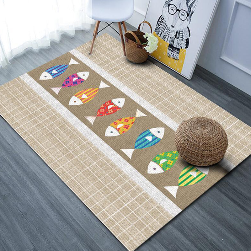 Cute Cartoon Animal Pattern Rug with Fish Multicolor Kids Rug Polyester Washable Pet Friendly Anti-Slip Carpet for Children's Room Light Brown Clearhalo 'Area Rug' 'Rug' 1717485