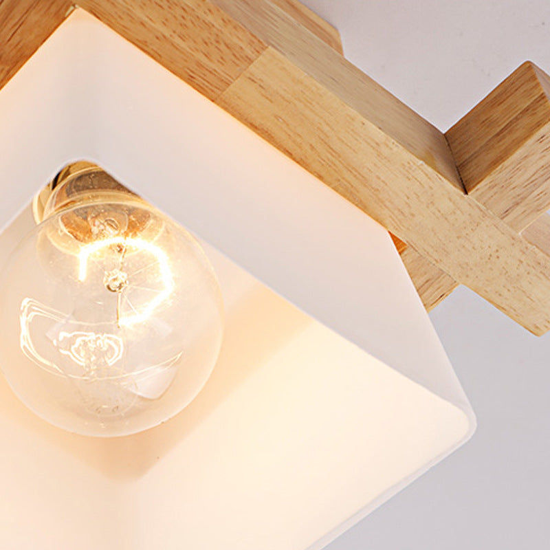 Opal Glass Trapezoid Pendant Light with Wood Deco 1 Head Japanese Style Ceiling Lamp in White for Bedroom Clearhalo 'Ceiling Lights' 'Close To Ceiling Lights' 'Close to ceiling' 'Semi-flushmount' Lighting' 171845