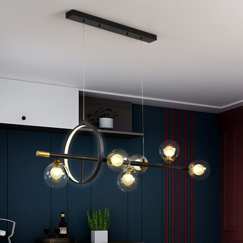 Simple Molecular Island Chandelier Clear Glass 4/6-Light Dining Room Pendant Light Fixture in Black with Metal Ring Deco 6 Black Clearhalo 'Ceiling Lights' 'Island Lights' Lighting' 1724048