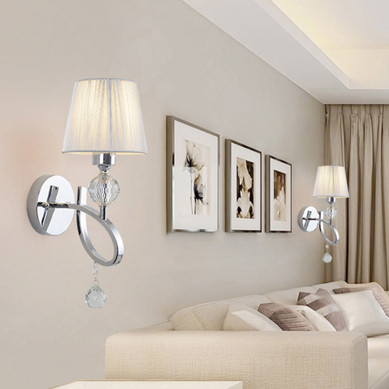 Conical Parlor Wall Lamp Fixture Fabric 1 Light Classic Wall Lighting Ideas with Crystal Drop in Chrome Clearhalo 'Cast Iron' 'Glass' 'Industrial' 'Modern wall lights' 'Modern' 'Tiffany' 'Traditional wall lights' 'Wall Lamps & Sconces' 'Wall Lights' Lighting' 1724219